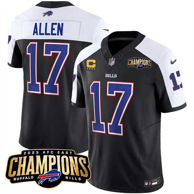Men & Women & Youth Buffalo Bills #17 Josh Allen Black White 2023 F.U.S.E. AFC East Champions With 4-star C Ptach Stitched Jersey